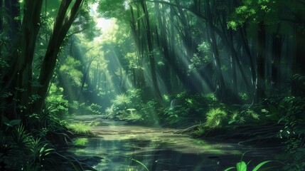 Obraz premium A serene, sun-dappled forest scene with a small stream winding through the lush foliage. The light filters through the trees, creating a magical atmosphere.