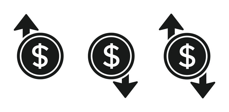 Cost reduction and increase icons. Dollar rate decrease and increase flat vector icons set. Dollar rate decrease and increase icon