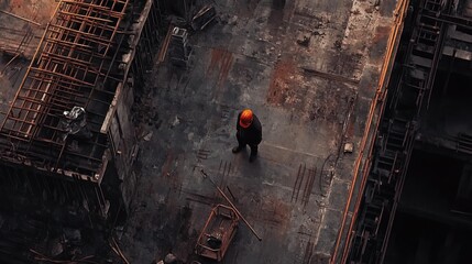 A lone construction worker standing on a concrete platform surrounded by steel rebar