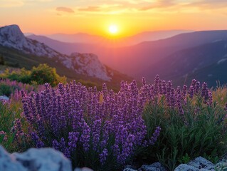 Fototapeta premium Serene Sunset Over Mountains with Warm Hues Creating a Tranquil Atmosphere in Nature's Beauty