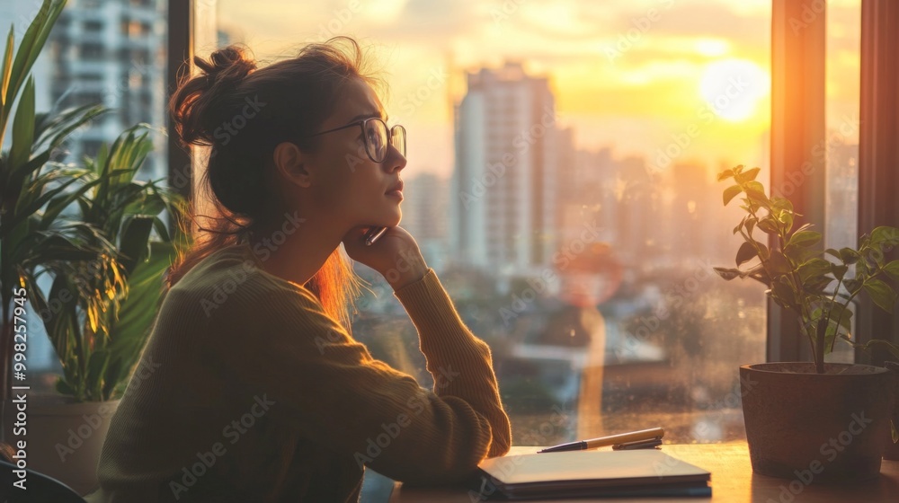 Leinwandbilder a person sitting at a desk, gazing out of a window with a thoughtful expression, a notebook and pen 