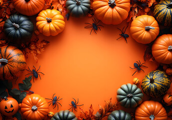  Colorful Autumn Pumpkins and Halloween Decor on Orange Background