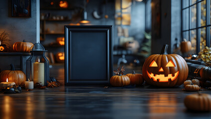 Fototapeta premium This enchanting setup features multiple glowing jack-o'-lanterns arranged near a vintage-style framed mirror