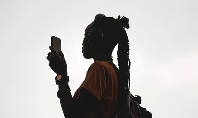 silhouette of black african american woman taking selfie in minimalist black and white setting, highlighting her braided hairstyle and modern, stylish look