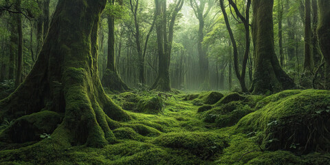 Mysterious Mossy Forest: A dense forest covered in moss, with towering trees and a canopy of leaves.