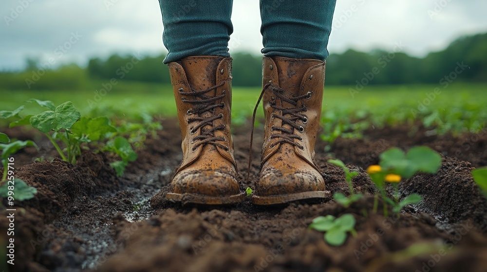 Canvas Prints A pair of muddy brown boots stand in a field of green plants.