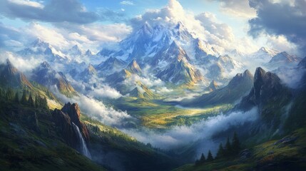 A picturesque mountain landscape with clouds rolling over the peaks, creating a mystical atmosphere and highlighting the beauty of nature in its purest form.