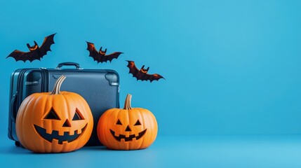 Halloween themed travel and tourism with trip insurance online tours and international flights featuring plane and luggage in costume with pumpkins on a blue background