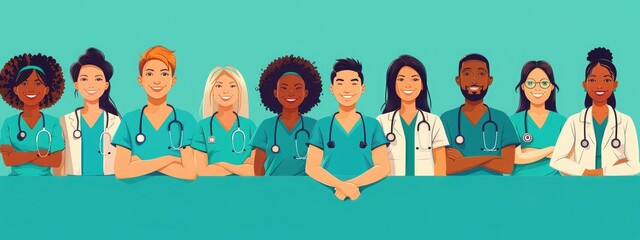 an illustration of Vector of a diverse medical staff in scrubs, diverse, diverse, medical, vector infographic, cartoon style