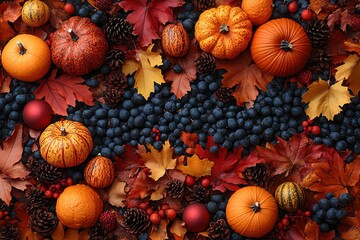 Vivid Festive Thanksgiving Border with Autumn Leaves, Pumpkins, and Warm Seasonal Colors for Decor