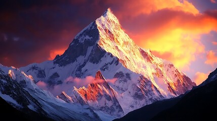 Majestic mountain peak illuminated by sunset glow.