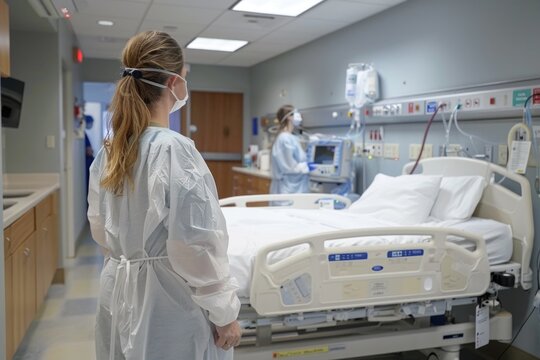 Healthcare Professionals in Protective Gear Working in Modern Hospital Room