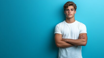 Fototapeta premium Young man posing confidently against a blue background.