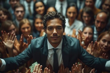 Obraz premium Businessman surrounded by people offering him money 