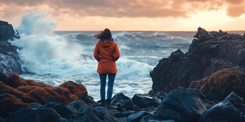 Rocky Shoreline Stroll: A woman enjoying a leisurely walk along the rugged coastline, with jagged rocks and crashing waves.