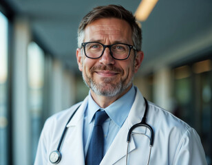 Portrait of a happy and mature doctor working at a hospital alone. Proud, expert medical professional looking pleased with work in a clinic