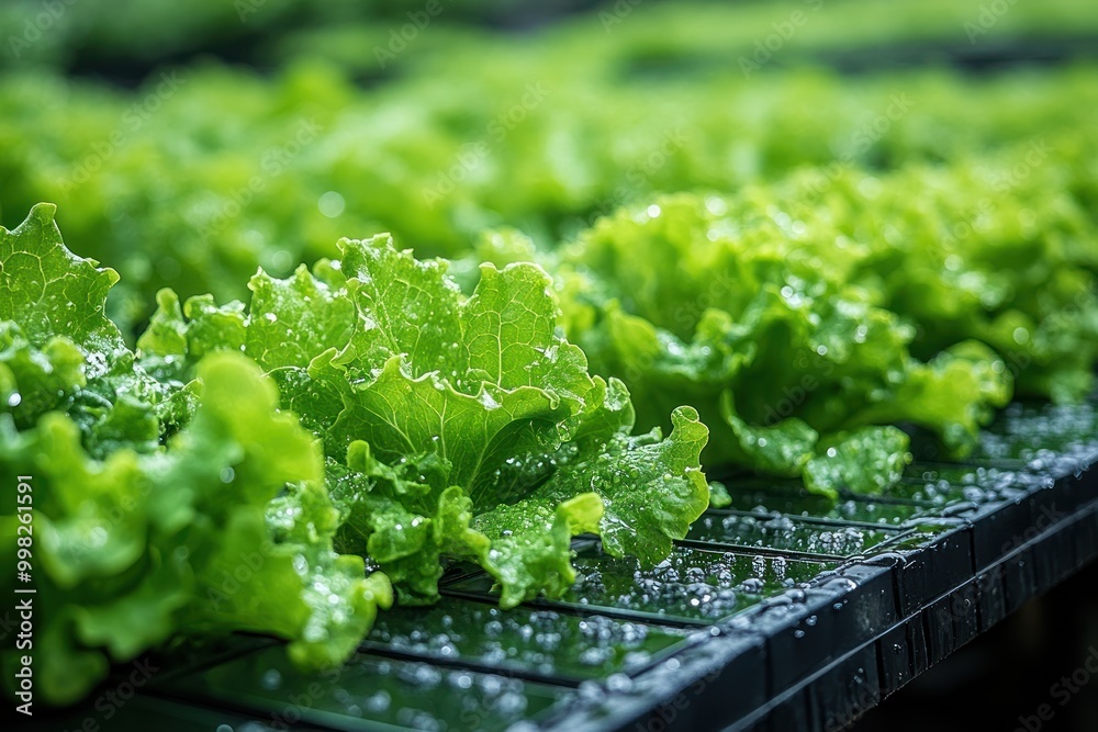 Wall mural Close-up of fresh green lettuce leaves with water droplets, growing in a hydroponic system.