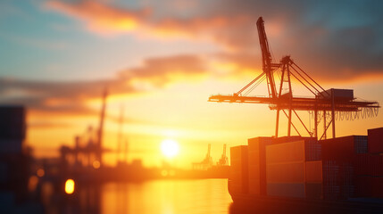 Fototapeta premium Cargo cranes at sunrise lifting multiple containers at a bustling seaport. The containers, painted in vibrant colors, are suspended in mid-air as the crane operators coordinate the