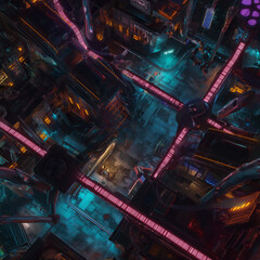 Cyberpunk Cityscape Battle Map for DnD, High-Resolution Digital Map for Tabletop RPGs, Top-Down View Sci-Fi Map with Neon-Lit Streets, Urban Adventure Setting for Futuristic Campaigns