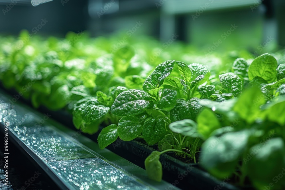 Poster Close-up of rows of green leafy plants in a hydroponic farm under artificial lights.