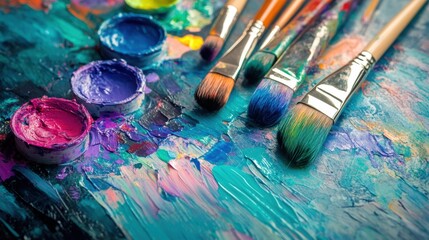 Obraz premium Brightly colored paints and brushes are arranged artfully on a textured canvas, showcasing creativity through abstract brushstrokes. Generative AI