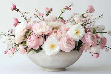 Beautiful bouquet of delicate white and pink flowers in a round vase on the table