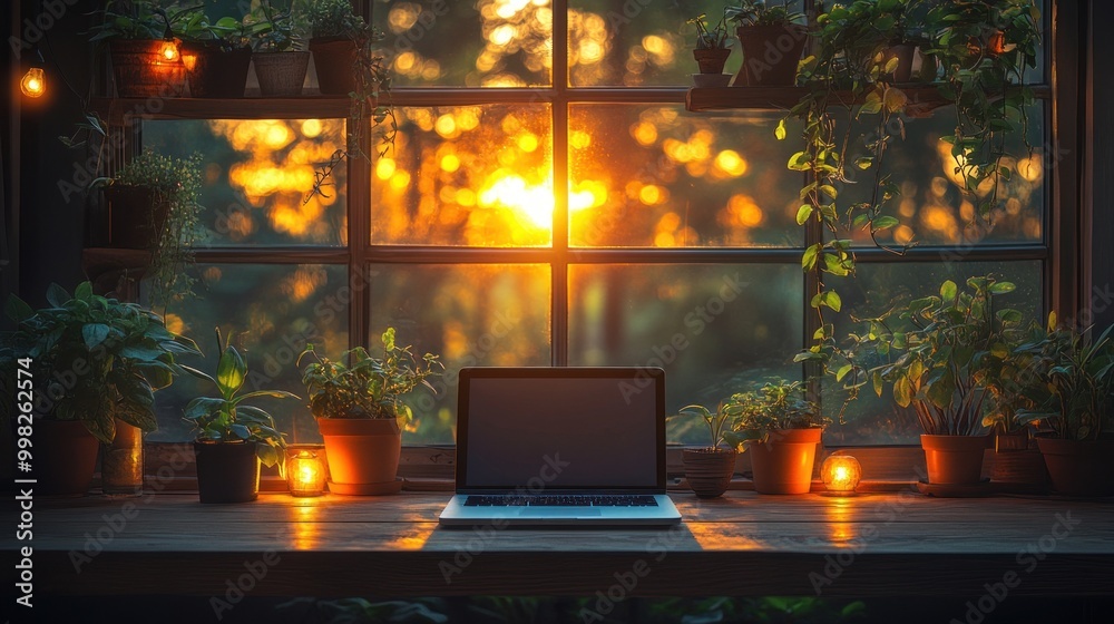 Poster A laptop sits on a windowsill with potted plants and candles in front of a sunset.