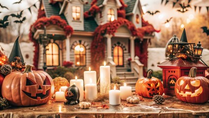 Halloween house with pumpkins, candles, and a charming house with autumn foliage, creating a spooky ambiance.