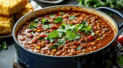 A vibrant image of a pot filled with simmering chili, garnished with fresh cilantro and served with a side of cornbread, illustrating comfort food at its finest.