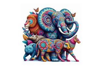 Colorful animal 3D Mandala design without shadow, white background