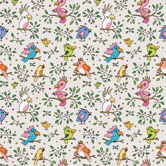 Seamless pattern design with cute birds, hand-drawn, doodle, funny, vector illustrations