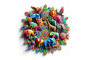 Colorful animal 3D Mandala design without shadow, white background