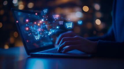 Digital shopping spree with virtual icons The scene focuses on a person sitting at a desk, using a laptop with an open ecommerce website. Colorful virtual shopping cart icons and g