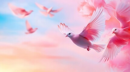 Obraz premium Pink sky with silhouettes of birds flying, perfect for inspirational and motivational themes in social media graphics.