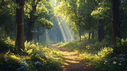 Obraz premium A dirt path winds through a lush forest with sun rays beaming through the trees and illuminating the vibrant wildflowers.