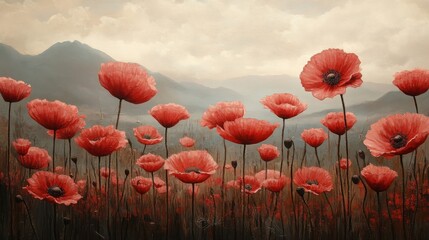 Fototapeta premium Tranquil Scene of Poppy Flowers Against a Mountainous Backdrop in Soft Light