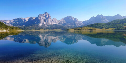 Naklejka premium Crystal-Clear Mountain Lake: The tranquil surface of a high-altitude lake reflecting the surrounding peaks.