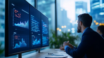 Business Executives Strategizing for Net Zero Emissions In a sleek corporate boardroom with large windows overlooking a green cityscape, a group of executives is actively discussin