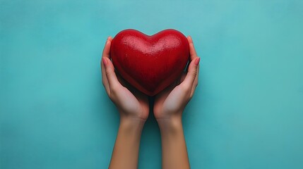 Obraz premium hands holding a red heart on a blue background. mental health and care, compassion and support, world mental health day