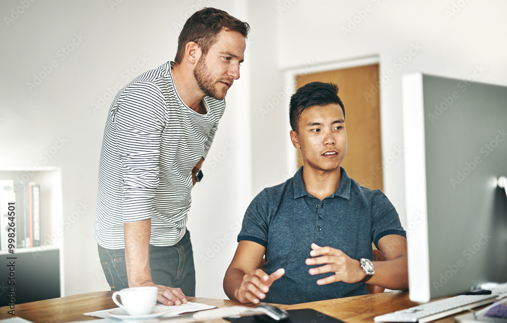 Poster team, teaching and business men on computer for help, creative or review on post production software