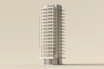 3D render of a sleek, modern skyscraper with glass and steel elements, isolated on a minimalist beige backdrop, showcasing architectural elegance.