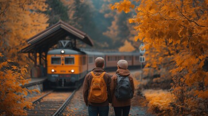 Autumn Train Station Scene with Elderly Couple Waiting on Platform, Vibrant Orange Foliage Surrounding the Quiet Rural Railway, Peaceful and Nostalgic Atmosphere