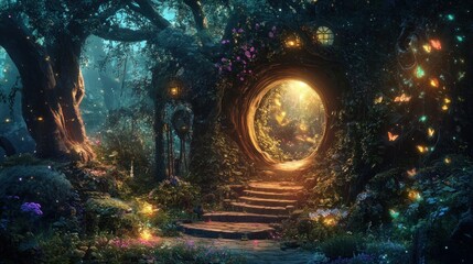 Enchanted Forest Entrance with Glowing Butterflies and Stone Steps