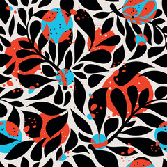 Seamless Vector Leaves Pattern in Black, Red and Blue, Floral Design, Illustration, Editable Graphic for Textile Surfaces, Palm, Jungle