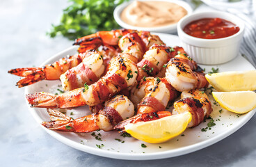 Grilled bacon wrapped shrimp served with lemon wedges and dipping sauce, grilled bacon wrapped shrimp, seafood snack