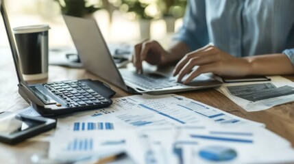 Fototapeta premium A professional sitting at a desk with a laptop, analyzing financial reports and spreadsheets, with a calculator and coffee cup nearby, showcasing a focused finance work environment.