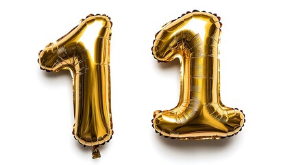 Gold foil balloons shaped like the number eleven.