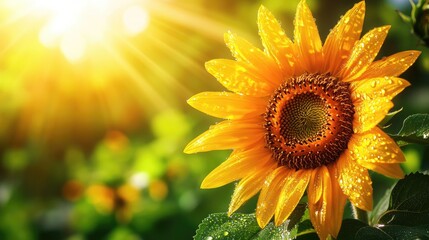 Obraz premium A vibrant sunflower with droplets of water glistening in the sunlight, surrounded by greenery, capturing the essence of summer and the beauty of nature.