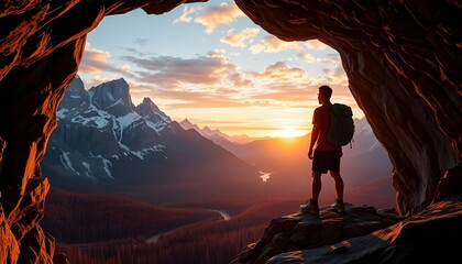 A dramatic 3D-rendered scene of an adventurous man hiker standing at the edge of a cave, gazing out at a breathtaking vista of towering rocky mountains in the distance, generative ai