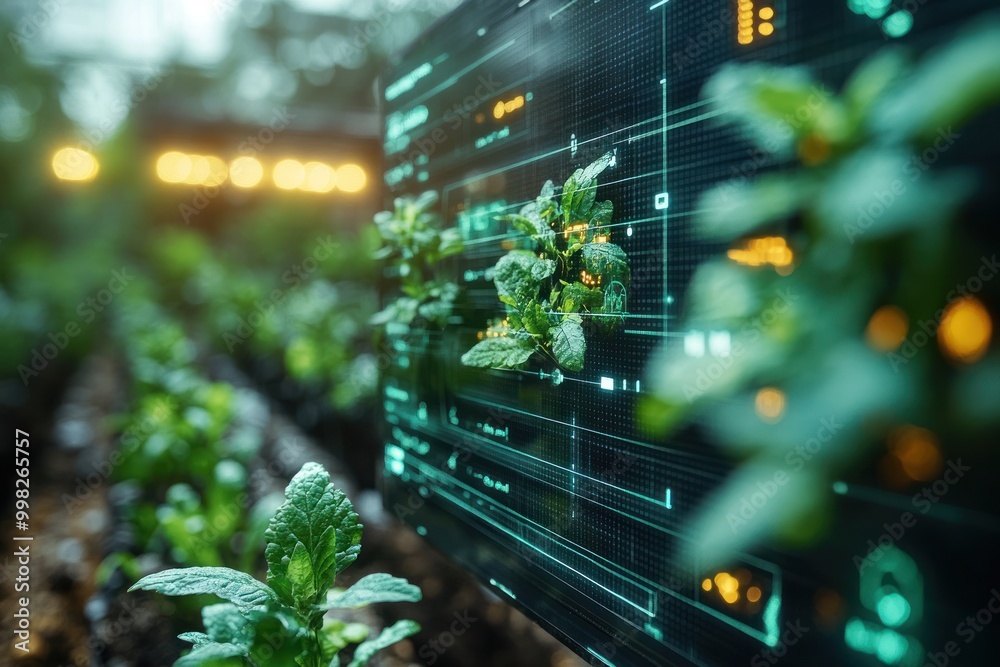 Sticker Close-up of a digital screen monitoring the growth of plants in a greenhouse.